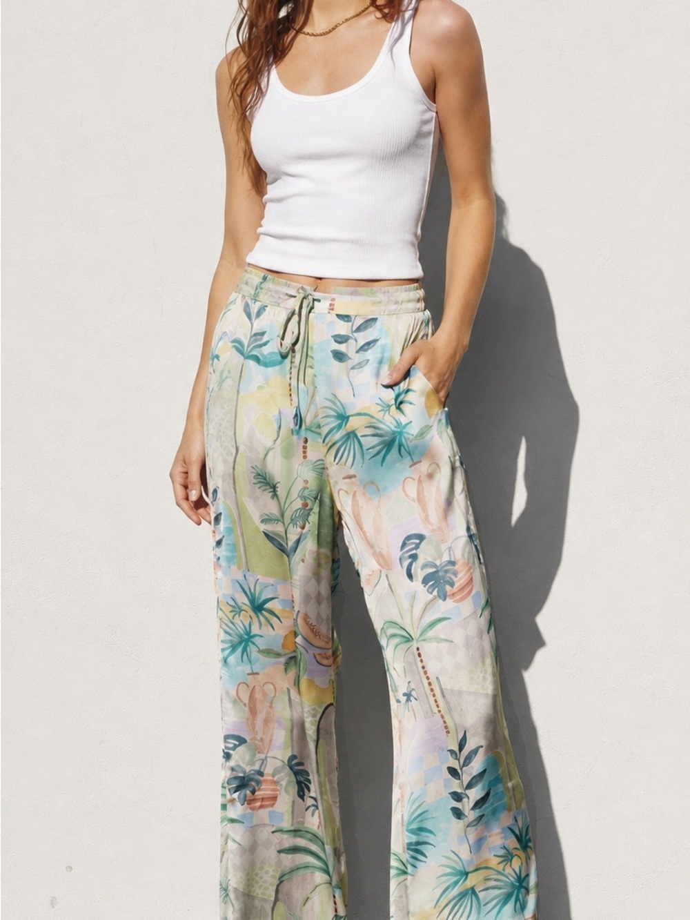 Dress Forum Green Multi Tropical-Print Wide Leg Pants